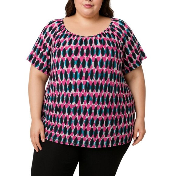 Lane Bryant Plus Size 34/36 Multicolor Abstract Pattern Top Short Sleeve Blouse - Picture 1 of 7